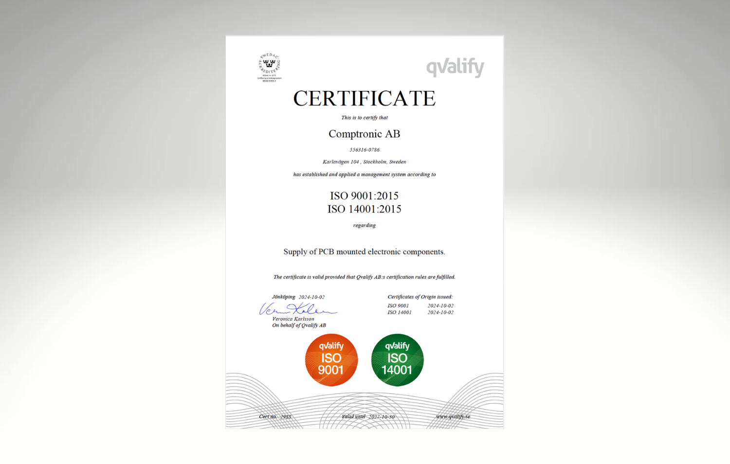 Comptronic AB certifierade enligt ISO 9001 och ISO 14001